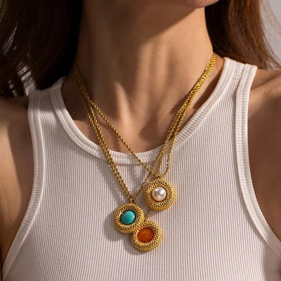 Turquoise Winding Circle 18K Gold Plated Stainless Steel Cat Eye Stone Vortex Pendant Necklace for Women