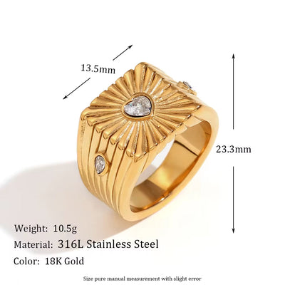 Engraved Square Zircon Heart Signet Ring Gold Plated Jewelry Tarnish Free Jewelry 316L Stainless Steel