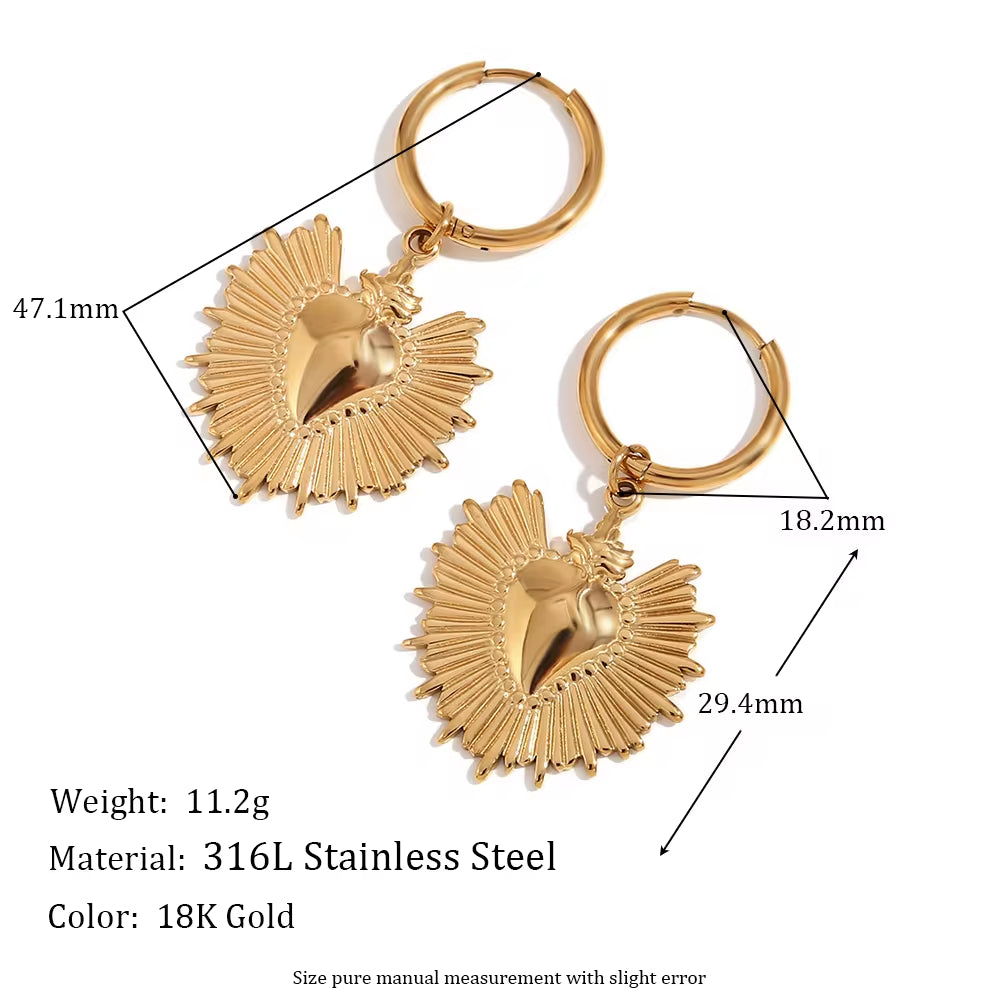 Sunburst Heart Jewelry Gold Plated Pendant Necklace Stainless Steel Jewelry Set Tarnish Free Jewelry