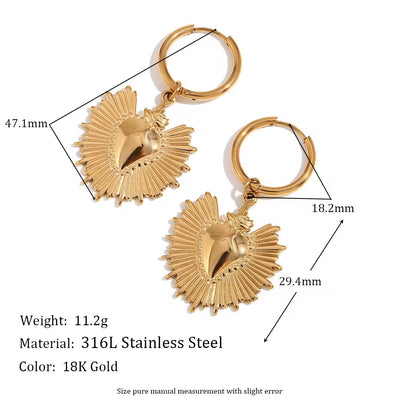 Sunburst Heart Jewelry Gold Plated Pendant Necklace Stainless Steel Jewelry Set Tarnish Free Jewelry