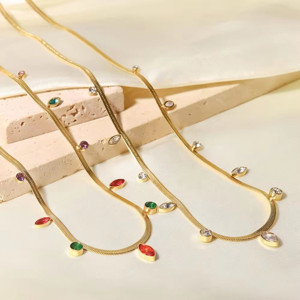 14K Gold Plated Flat Snake Chain Multi-Colors Zircon Inlaid Stainless Steel Charm Necklaces for Women