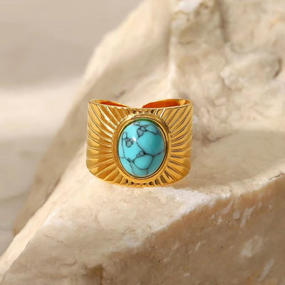 18K Gold Plated Turquoise Swirl Marks Wide Opening Stainless Steel Rings for Women Jewelry