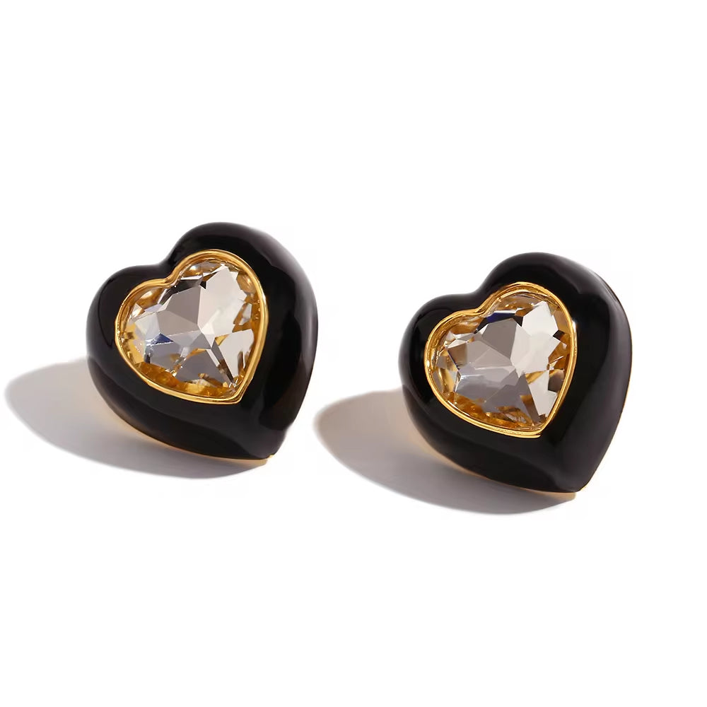 Spring Fashion Colorful Earrings Women Shining Heart Zircon Stud Earrings Gold Plated Stainless Steel Jewelry