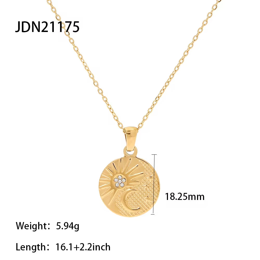 Vintage Jewelry Stainless Steel Heart Natural Shell Sun Half Moon round Coin Pendant Medallion Necklaces