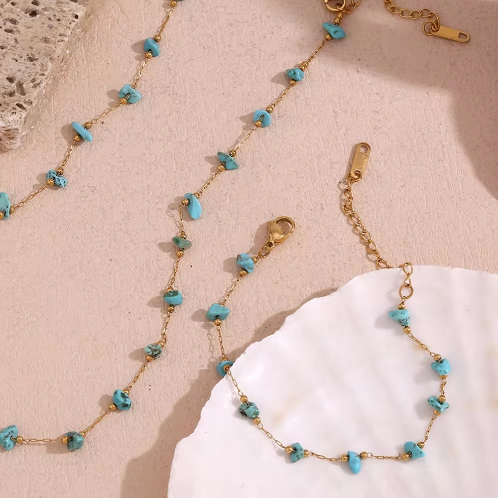 Turquoise Choker Gemstone Beaded Gold Plated Necklace Stainless Steel Jewelry Valentines Day Gift 2024