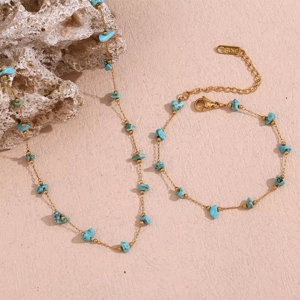 Turquoise Choker Gemstone Beaded Gold Plated Necklace Stainless Steel Jewelry Valentines Day Gift 2024