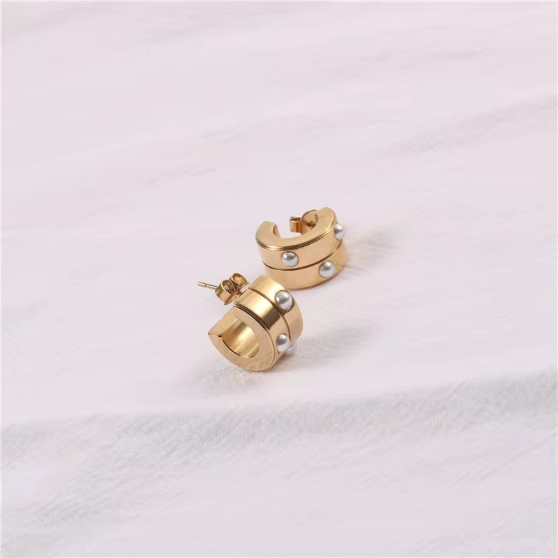 Hyperbole Half round Chunky Stud Earring 18K Gold Plated Stainless Steel Pearl Inlay Double Layer C Shape Hoop Earring