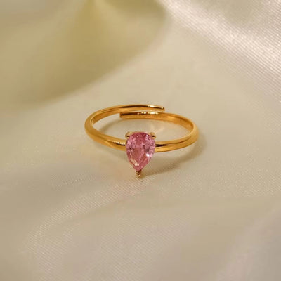 18K Gold Plated Pink Oval Water Drop Zircon Adjustable Stainless Steel Dainty Rings for Women