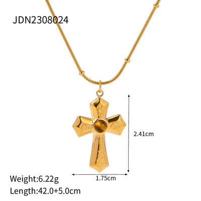 Religious Stainless Steel Necklaces Gold Plated Texture Hammer Tiger'S Eye Cross Pendant Necklace