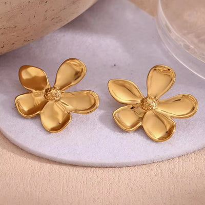 Glossy PVD Gold Plated Flower Earrings Tarnish Free Jewelry Waterproof Stainless Steel Stud Earrings