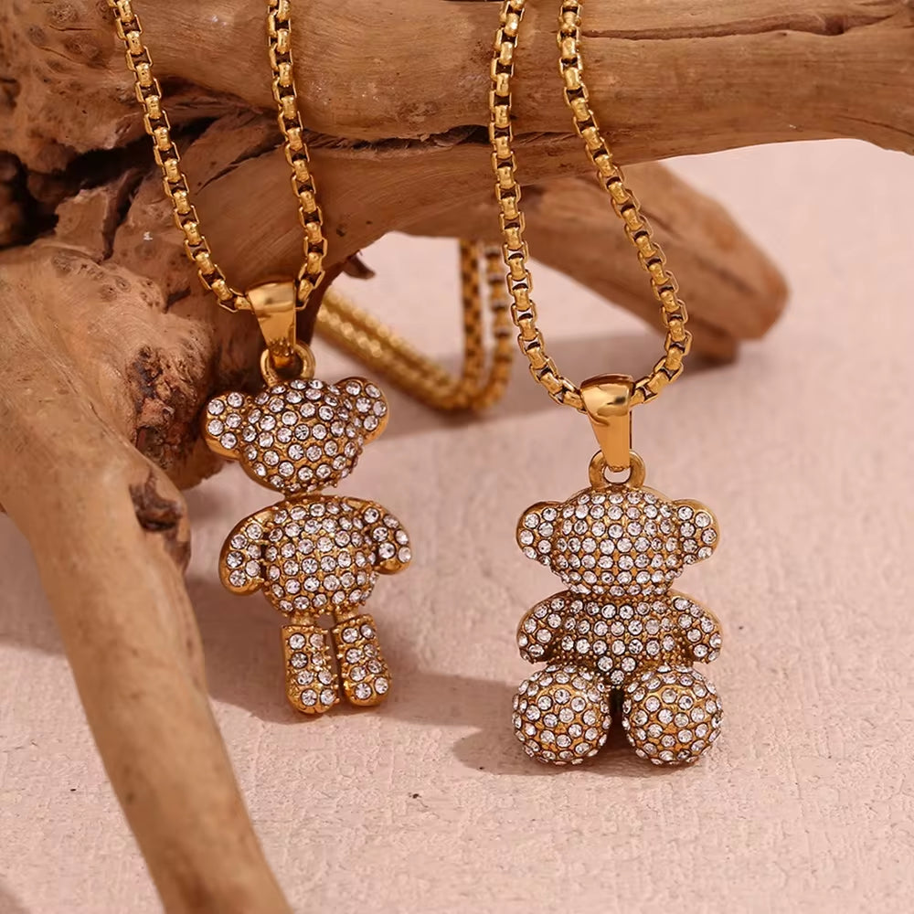 Trend 2024 Shining Zircon Teddy Bear Cross Necklace Jewelry Set for Woman Gold Plated Stainless Steel Jewelry