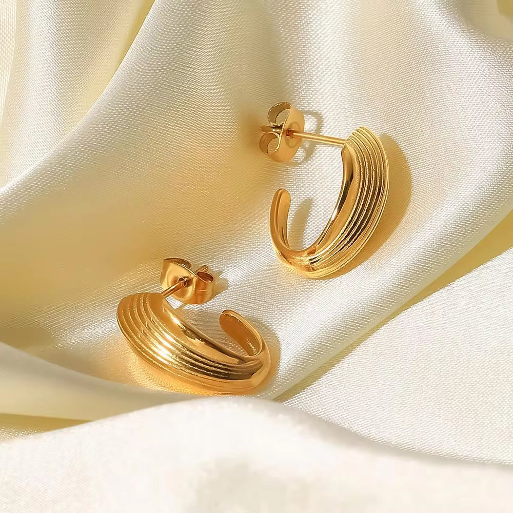 INS Popular 18K Gold Plated Chunky Hoop Earring Stainless Steel Oval Shape Rib Hoop Earrings