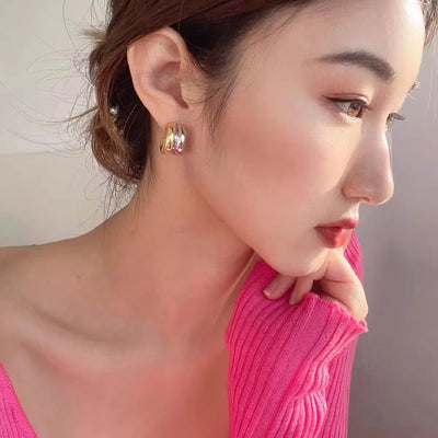 Connected Double Ring Gold Silver Color CC Shape Earrings Stainless Steel Pvd Plated Stud Earrings for Women