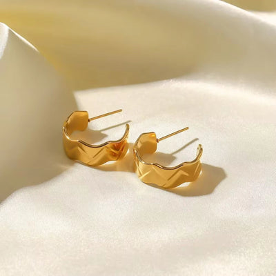 18K Gold Plated Stainless Steel Irregular Wide High Polished C Shape Hoop Earring for Ladies Daily