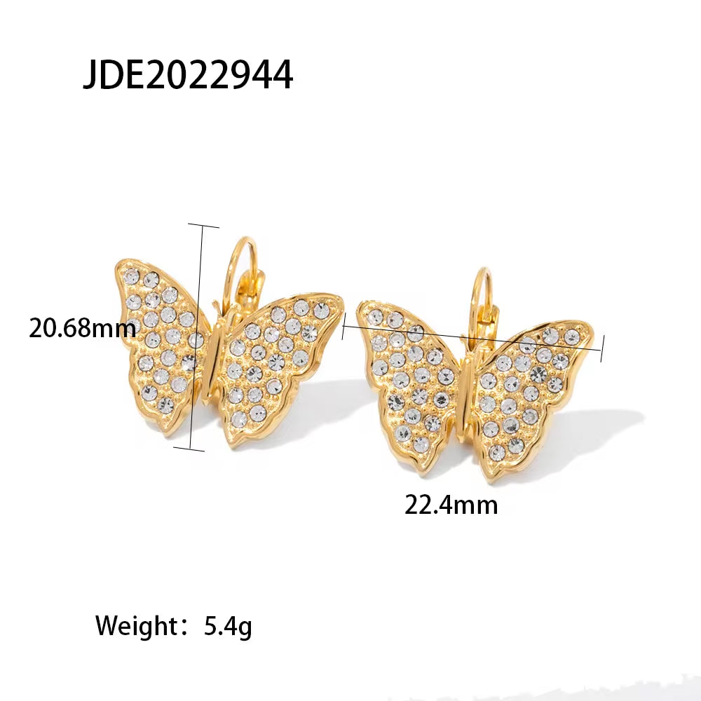 New Arrivals Full Zircon Inlaid Butterfly Shape Earrings Stainless Steel Gold Plated Hoop Earrings