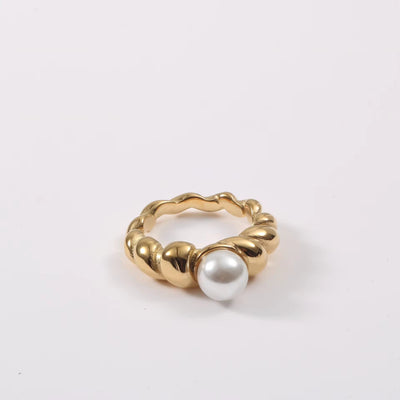 Waterproof Statement 18K Gold Plated Big Fresh Water Pearl Twisted Ring Chunky Twist Rope Chain Stainless Steel Ring