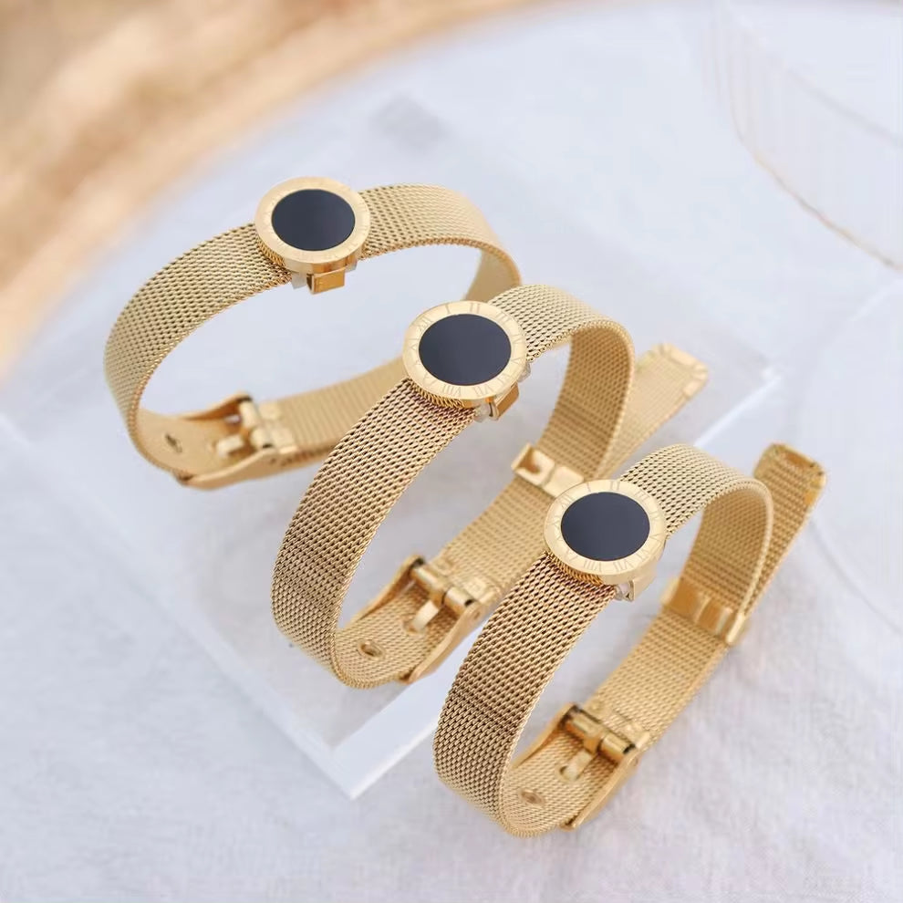 Newest Design Stainless Steel Watch Band Strap Wide Stainless Steel 18K Gold Numerals Wristband Bracelet