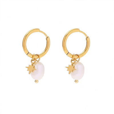 18K Gold Plated Stainless Steel Freshwater Pearl Star Charm Dainty Pendant Hoop Earrings for Women