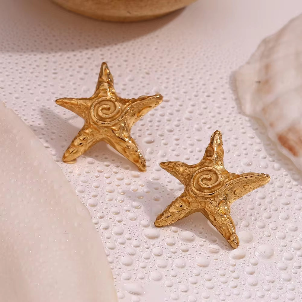 Spring 2024 Fashion Starfish 18K Gold Plated Stud Earrings for Women Stainless Steel Jewelry