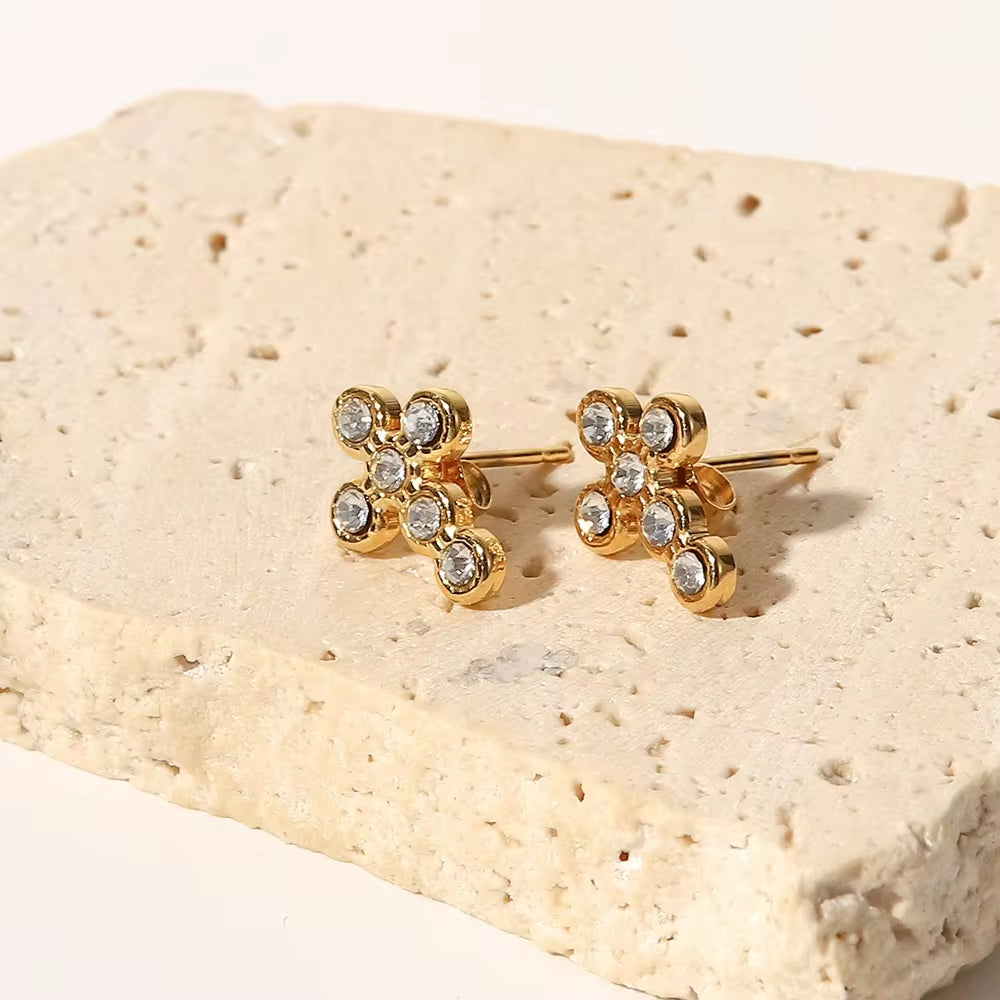 18K Gold Plated Cross Shape Zircon Insert Stainless Steel Stud Earrings Waterproof Jewelry