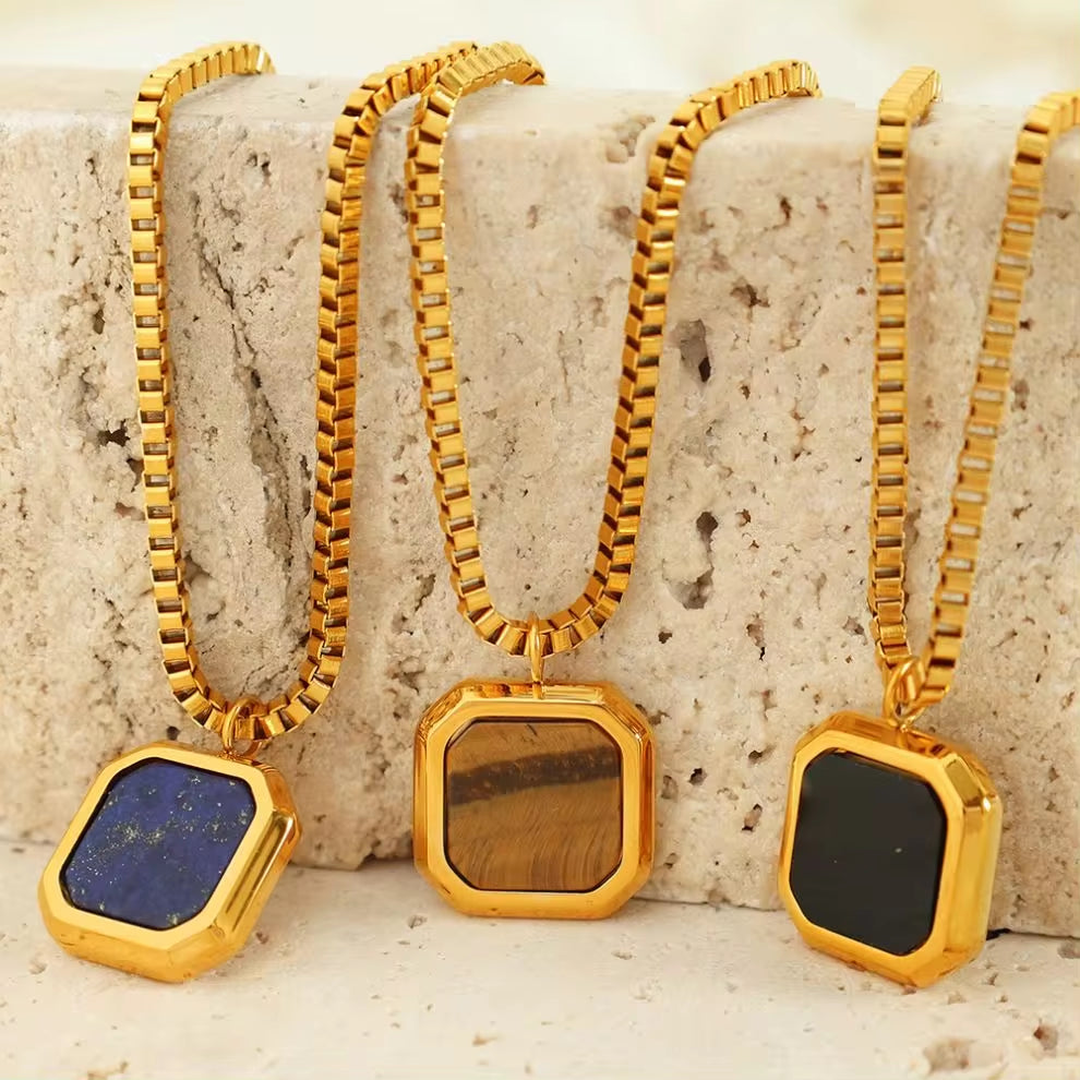 JEWELRY XL96-8 Hot Sale Tiger Eye Lapis Lazuli Onyx Geometric Square Pendant Necklace Niche Design Light Luxury