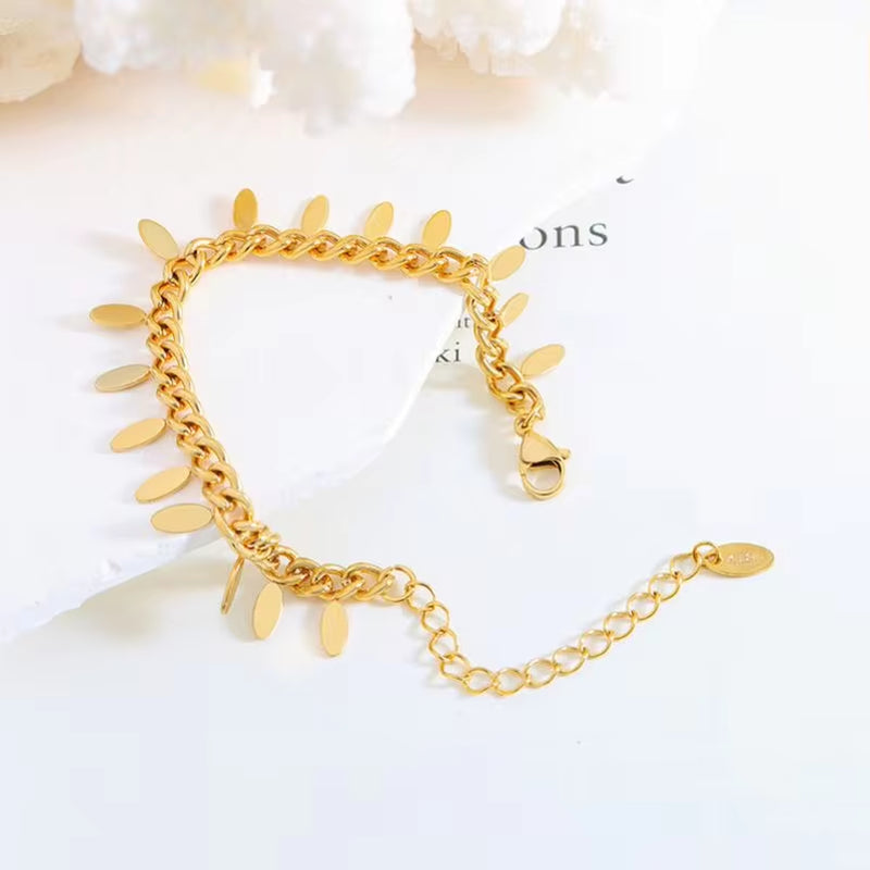 Wholesale 18K Gold Plated Cuban Chain Custom Shaped Leaf Charms Stainless Steel Bracelet for Women Armband