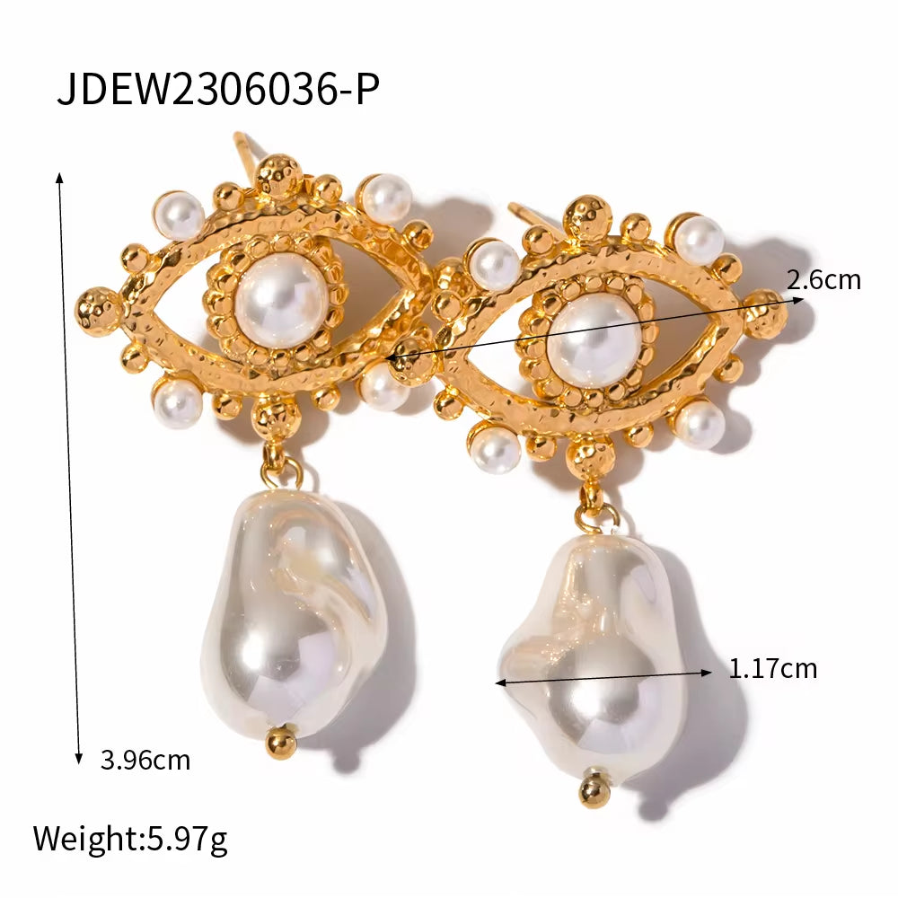 Fashion Stainless Steel Jewelry Plated 18K Gold PVD Turquoise Pearl Evil'S Earrings for Women