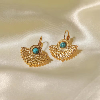 Vintage 18K Gold Plated Turquoise Fan-Shaped Pendant Earrings Gift Jewelry Stone Earrings