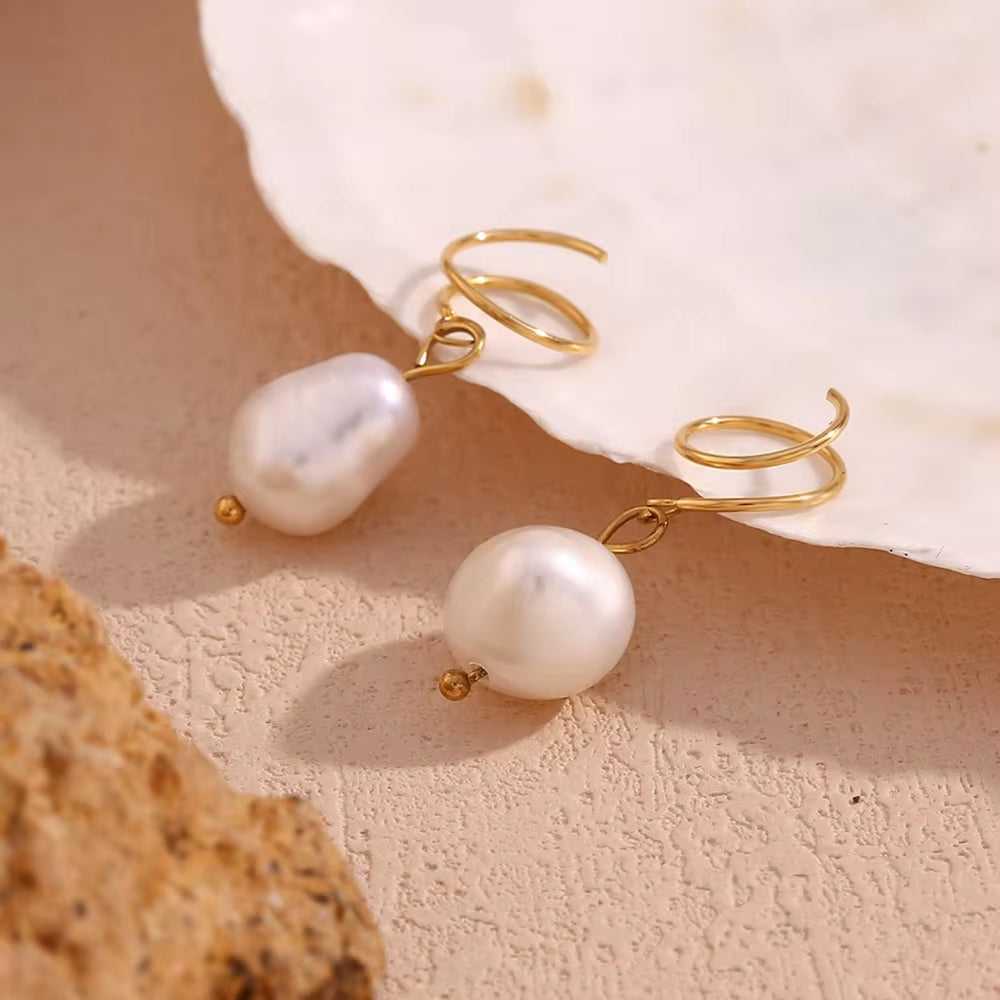 Fresh Water Pearl Drop Earrings Gold Plated Jewelry Winding Stainless Steel Earrings Women Luxury