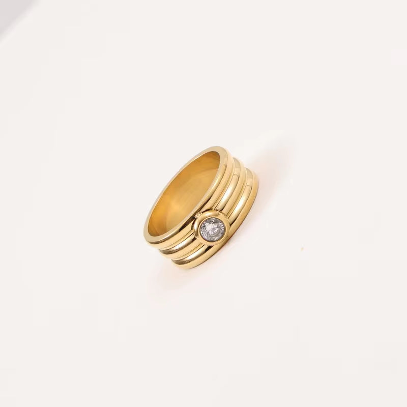 High End 18K Gold Plated Multi-Layer Statement Band round Zirconia Rings Stainless Steel Trendy Simple Gold Plated Jewelry