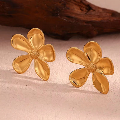 Glossy PVD Gold Plated Flower Earrings Tarnish Free Jewelry Waterproof Stainless Steel Stud Earrings