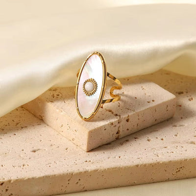 Oval round Natural Shell Pearl 18K PVD Gold Plated Stainless Steel Opening Rings Women Jewelry