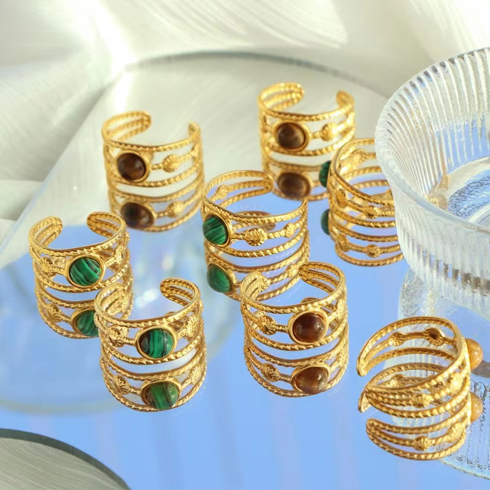 JEWELRY JZ26-27 Hot Sale Tiger Eye Turquoise Skeleton Ring Stainless Steel Open End Ring