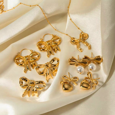 New Trend Bow Design Series Rings Gold Jewelry Stainless Steel Bow Pendant Necklace Earrings Sets