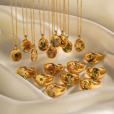 Spring Enameled 18K Gold Plated Flower Tree Animal Pattern Zircon Rings Necklace Earrings Set Jewelry