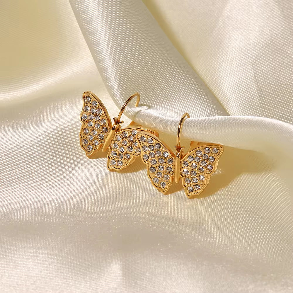 New Arrivals Full Zircon Inlaid Butterfly Shape Earrings Stainless Steel Gold Plated Hoop Earrings