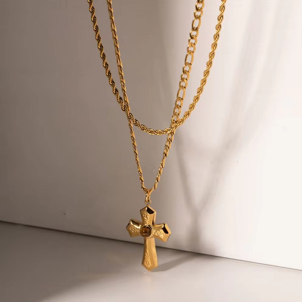 Custom Stainless Steel Link Necklaces Gold Plated Double Layer Cross Pendant Chain Necklace