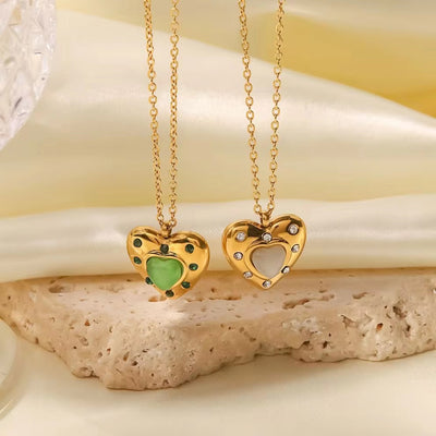 Lovely Heart Necklace Stainless Steel Clear Zircon Green Opal Stone Heart Pendant Necklace