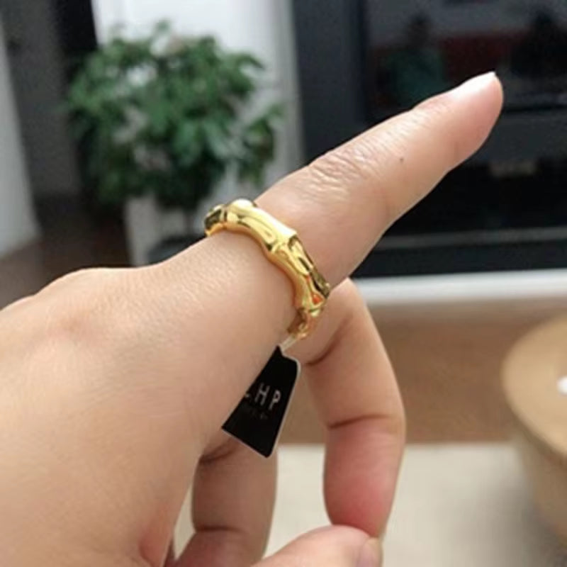 18K Gold Plated Wholesale Waterproof&No Fade Stylish Chunky Bamboo Rings Stainless Steel Finger Rings Trendy for Women