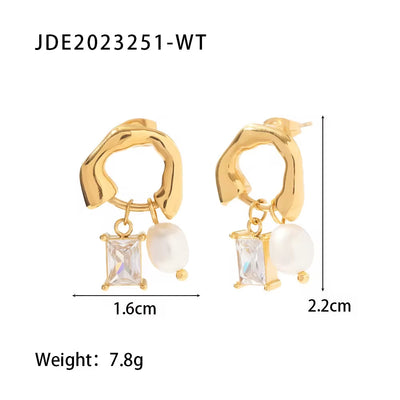 18K Gold Plated Stainless Steel Irregular round Shape Cubic Zirconia Natural Pearl Pendant Earrings