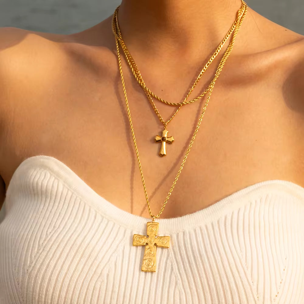 Waterproof 18K Gold Plated Stainless Steel Jewelry Gift Charm Cross Texture Layered Hammer Pendant Necklace for Women