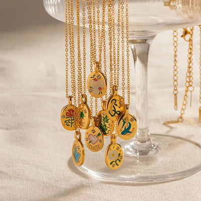 Spring Enameled 18K Gold Plated Flower Tree Animal Pattern Zircon Rings Necklace Earrings Set Jewelry