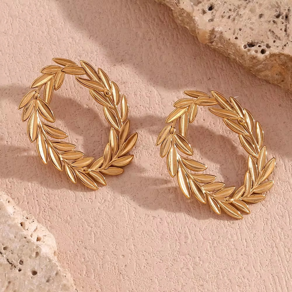 Gold Plated Stud Earrings for Women Leaf Hoop Stainless Steel Jewelry Waterproof Women Jewelry