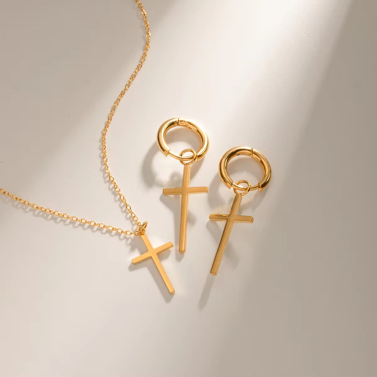 Waterproof 18K PVD Gold Minimalist Stainless Steel Necklace Cross Pendant Earring Set Low Key Luxury