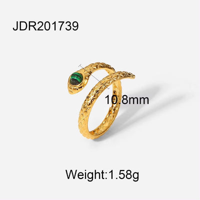 Chic Cubic Zircon Malachite Stacking Snake Ring Waterproof 18K Gold Plated Stainless Steel Opening Rings