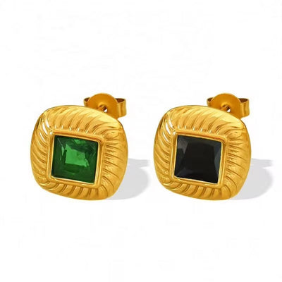 JEWELRY EH156 French Vintage Stainless Steel 18K Gold Plated Glass Stone Square Stud Earrings