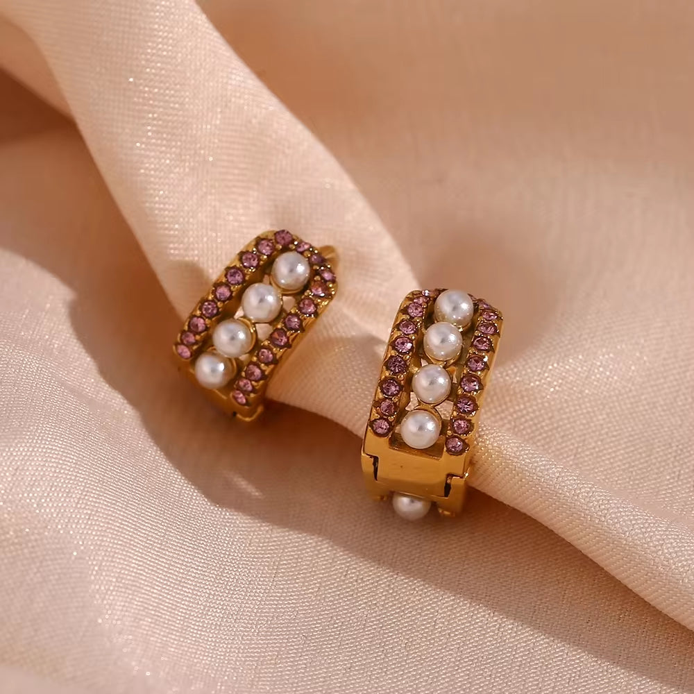 Fashion Jewelry 2023 Crystal Pink Zircon Pearl Earring PVD Gold Plated Huggie Hoop Earrings Stainless Steel Jewelry