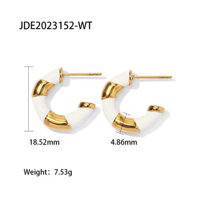 18K Gold Plated Stainless Steel White Enameled Contrast Color C Shape Hoop Earrings Popular Style