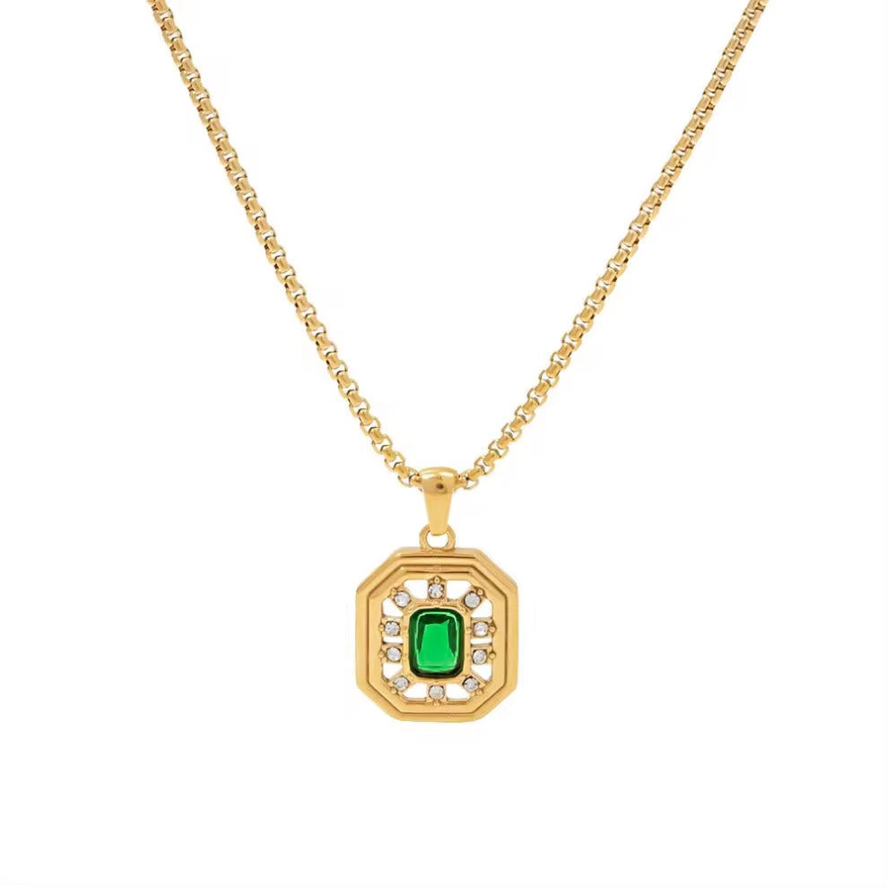 Vintage Jewelry 18K Gold Plated Box Chain Stainless Steel Hollow Green Zircon Pendant Necklace