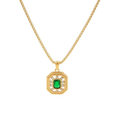 Vintage Jewelry 18K Gold Plated Box Chain Stainless Steel Hollow Green Zircon Pendant Necklace